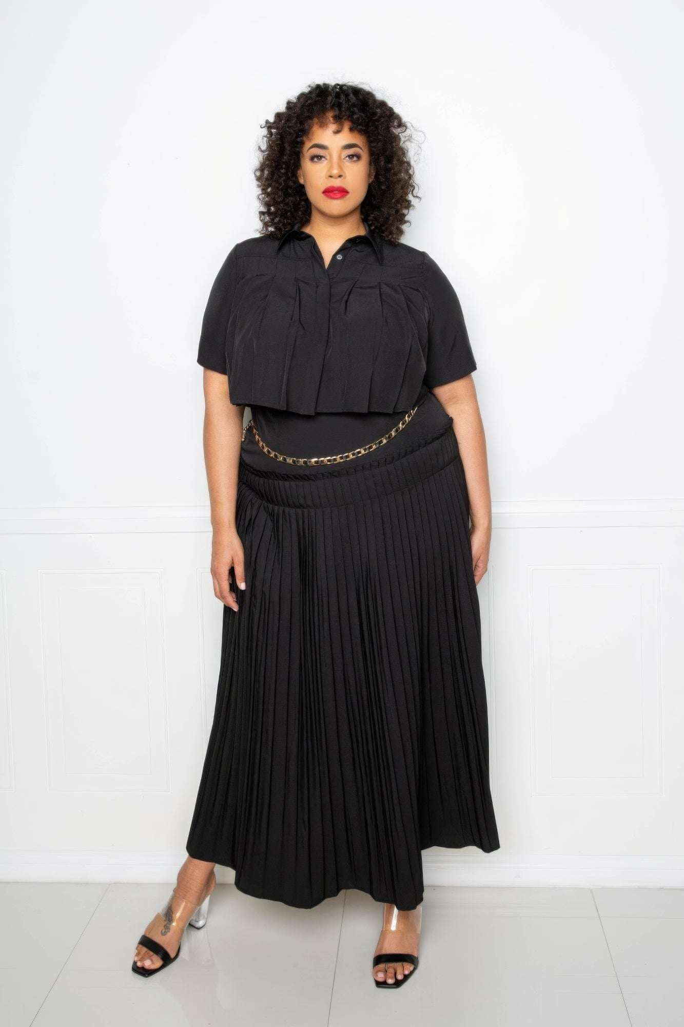 Pleated Cropped Shirt And Maxi Skirt Set - The Diva Goddess