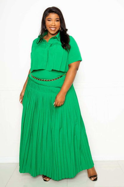 Pleated Cropped Shirt And Maxi Skirt Set - The Diva Goddess