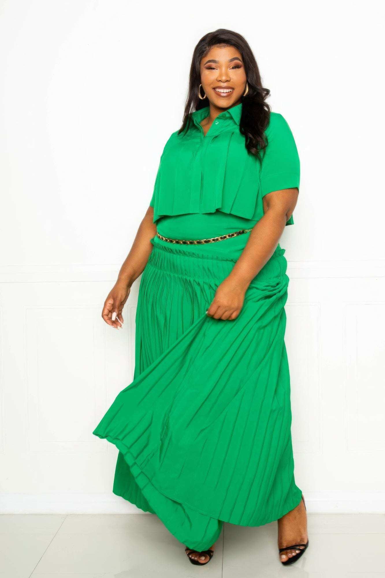 Pleated Cropped Shirt And Maxi Skirt Set - The Diva Goddess