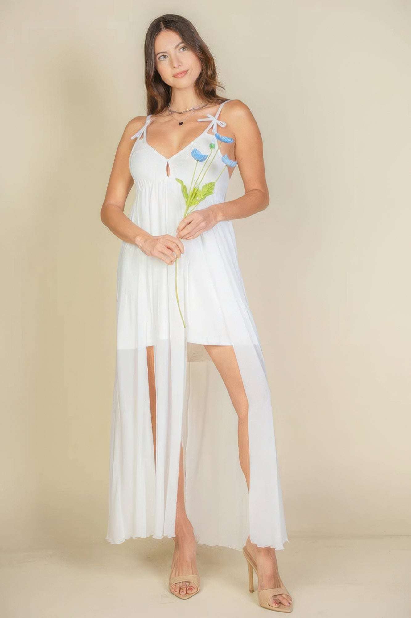 Plunge Neck Split Thigh Mesh Maxi Dress - The Diva Goddess