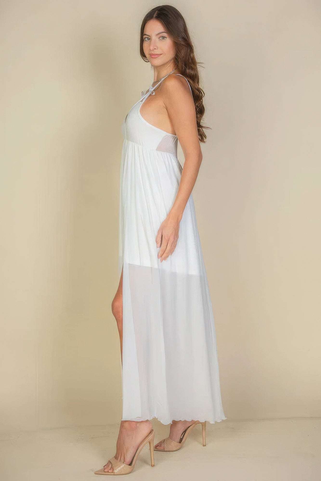 Plunge Neck Split Thigh Mesh Maxi Dress - The Diva Goddess