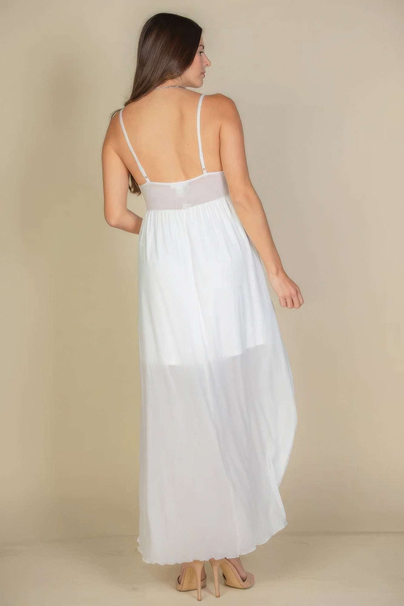 Plunge Neck Split Thigh Mesh Maxi Dress - The Diva Goddess