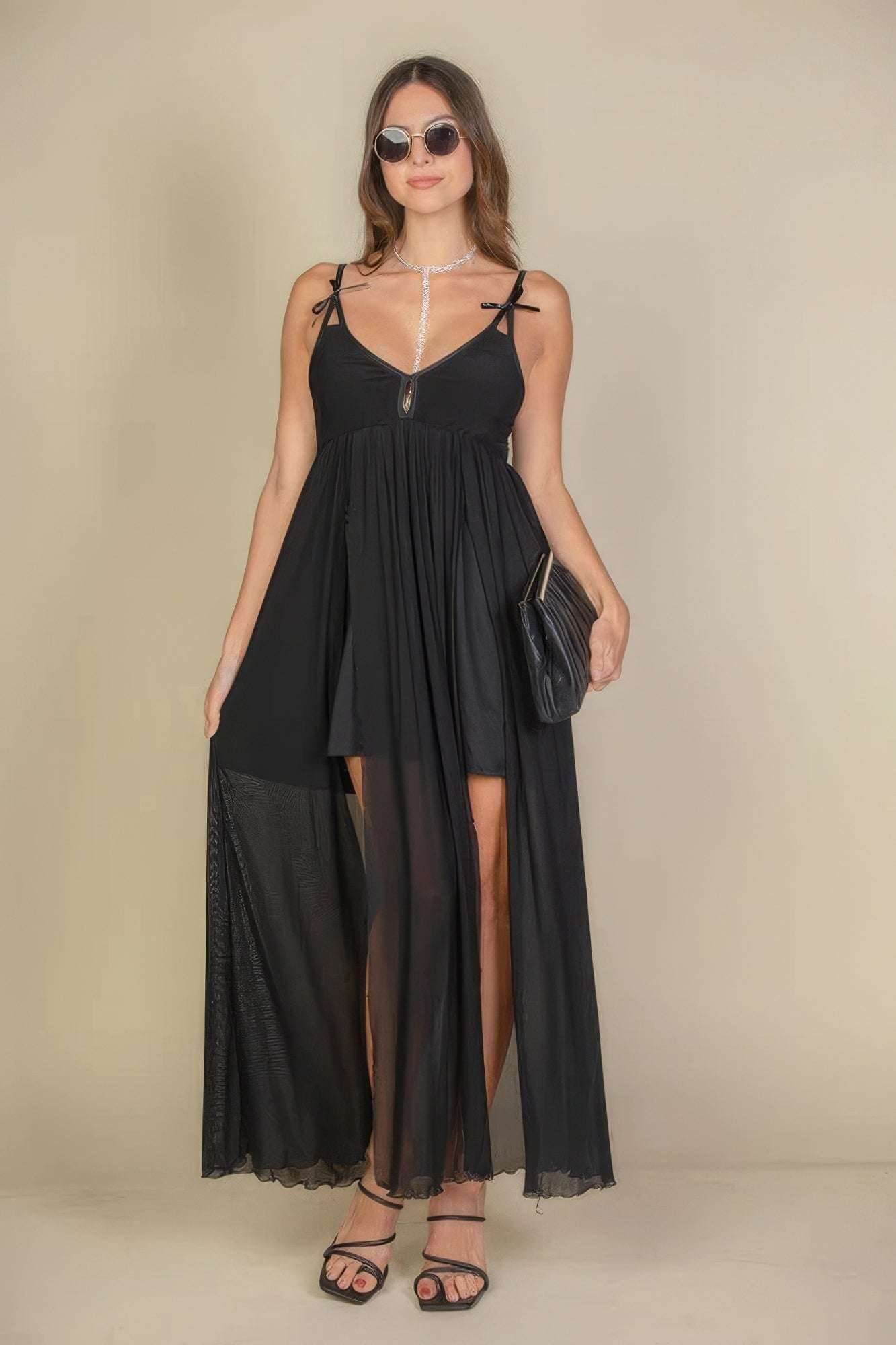 Plunge Neck Split Thigh Mesh Maxi Dress - The Diva Goddess