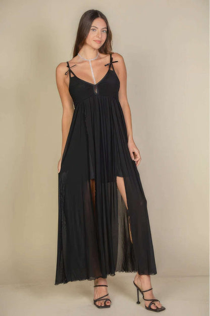 Plunge Neck Split Thigh Mesh Maxi Dress - The Diva Goddess