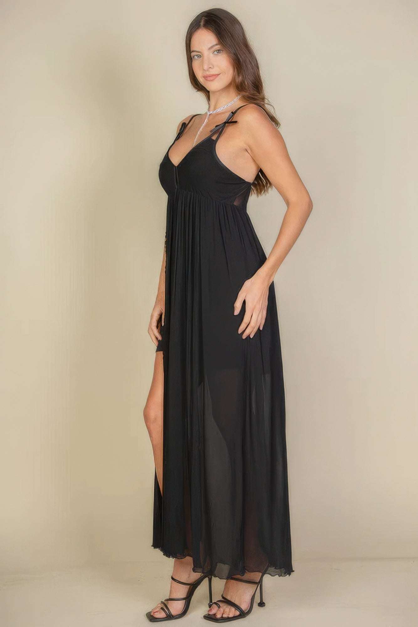 Plunge Neck Split Thigh Mesh Maxi Dress - The Diva Goddess