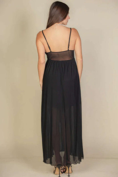 Plunge Neck Split Thigh Mesh Maxi Dress - The Diva Goddess