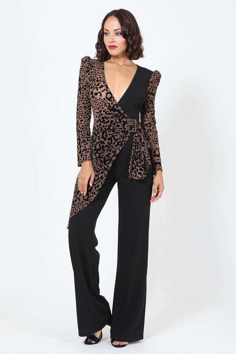 Plunging V Buckle Detail Leopard Jumpsuit - The Diva Goddess