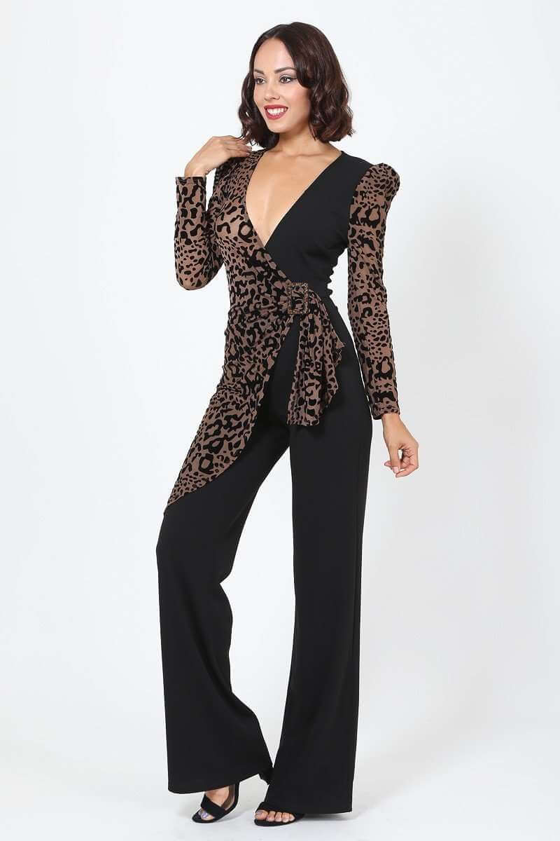 Plunging V Buckle Detail Leopard Jumpsuit - The Diva Goddess