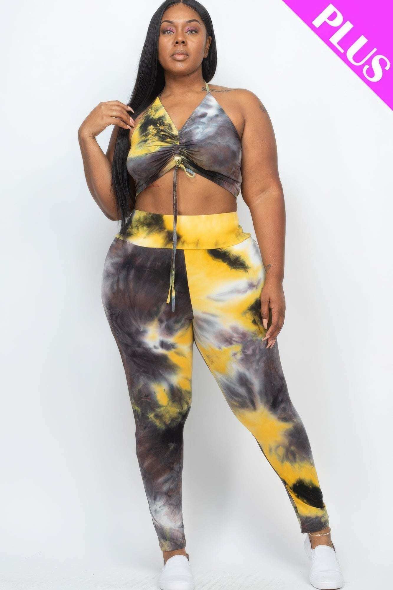 Plus Adjustable Ruched Crop Top And Leggings Set - The Diva Goddess