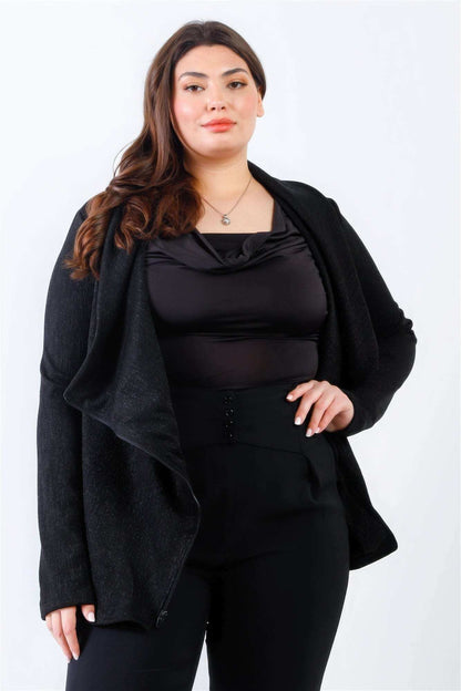 Plus Black Lurex Draped Collar Side Zip Up Lightweight Jacket - The Diva Goddess