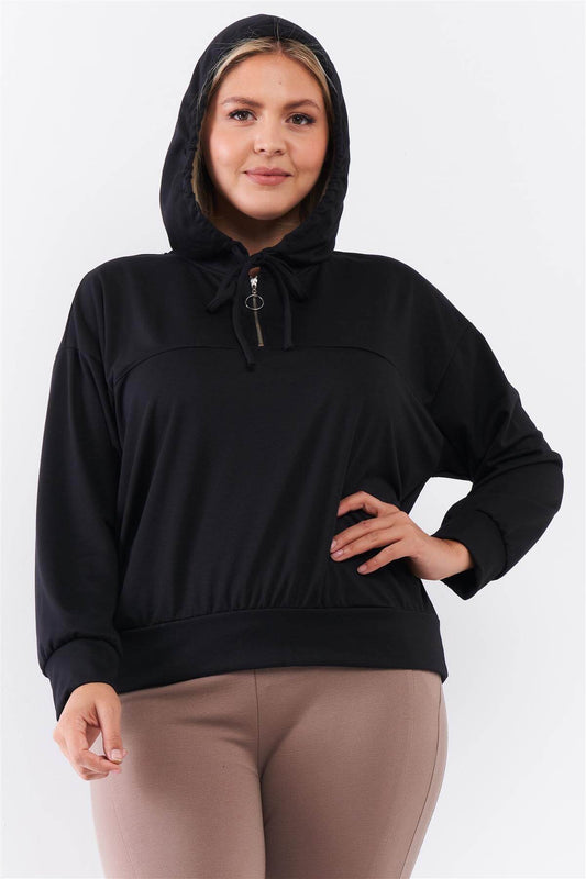 Plus Black Oversize High Neck Zip-up Detail Draw String Tie Hoodie Sweatshirt - The Diva Goddess