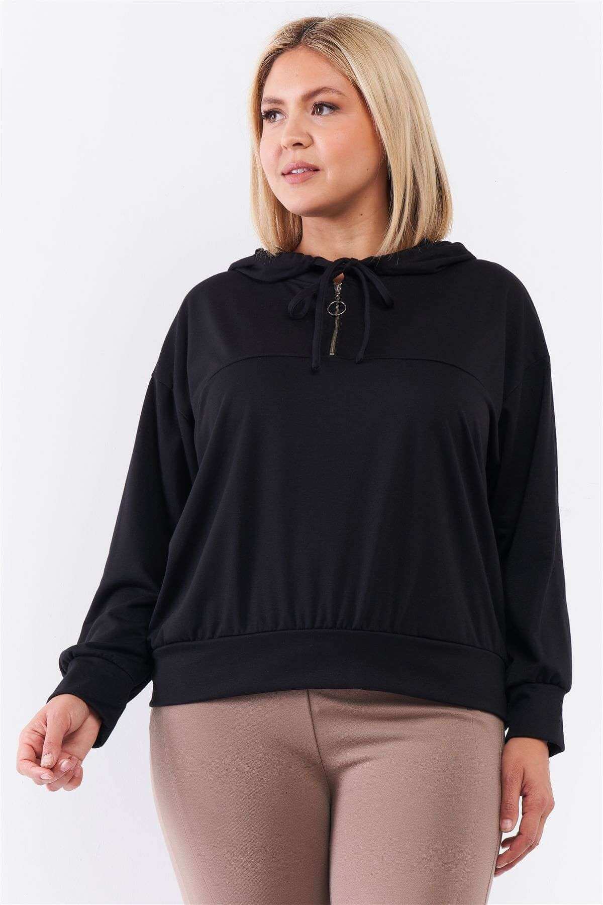 Plus Black Oversize High Neck Zip-up Detail Draw String Tie Hoodie Sweatshirt - The Diva Goddess