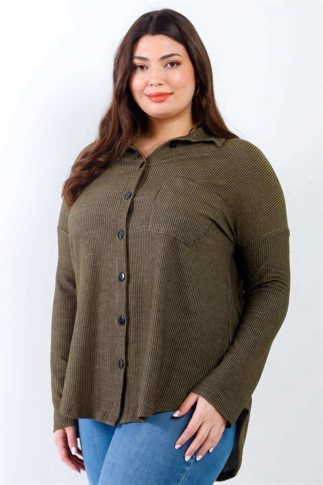 Plus Black Ribbed Collared Button Up Shirt Top - The Diva Goddess