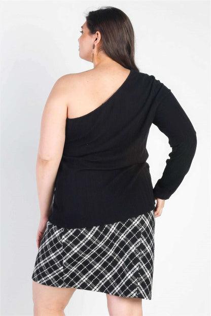 Plus Black Ribbed One Shoulder Top - The Diva Goddess