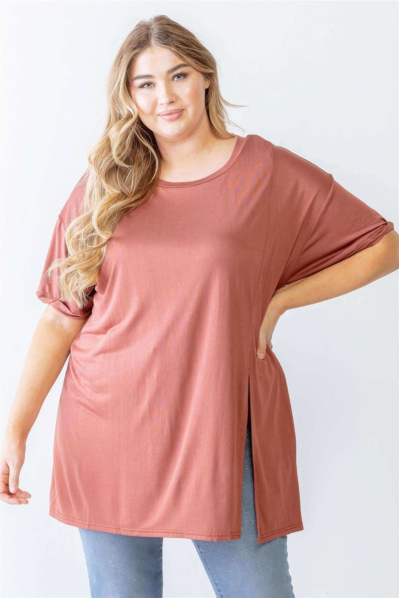 Plus Brick Round Neck Short Sleeve Relax Top - The Diva Goddess