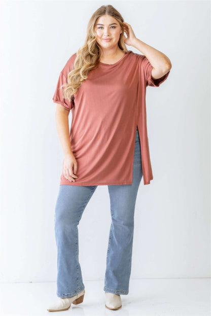 Plus Brick Round Neck Short Sleeve Relax Top - The Diva Goddess