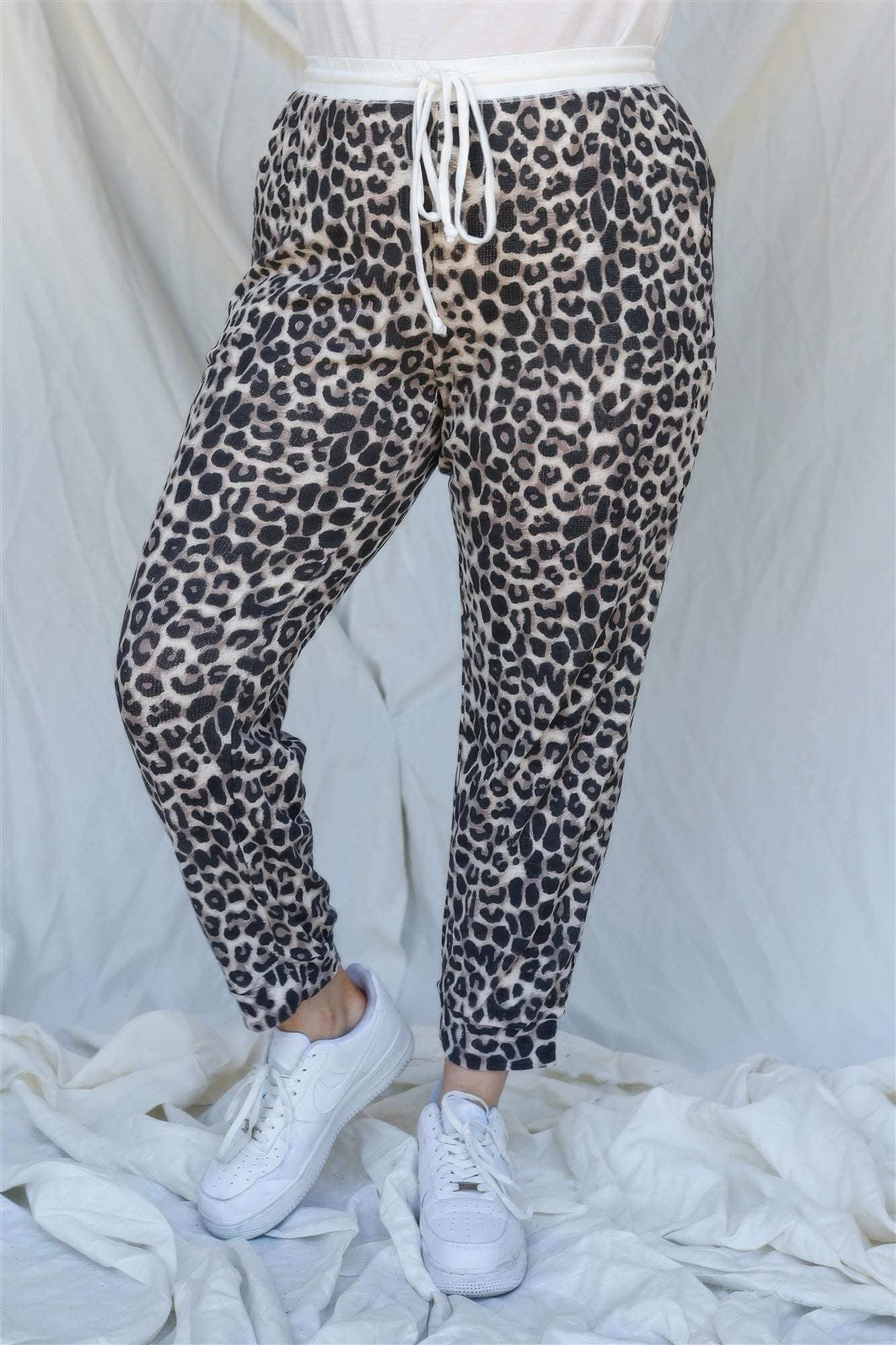 Plus Brown Leopard Print Two Pocket Joggers Pants - The Diva Goddess