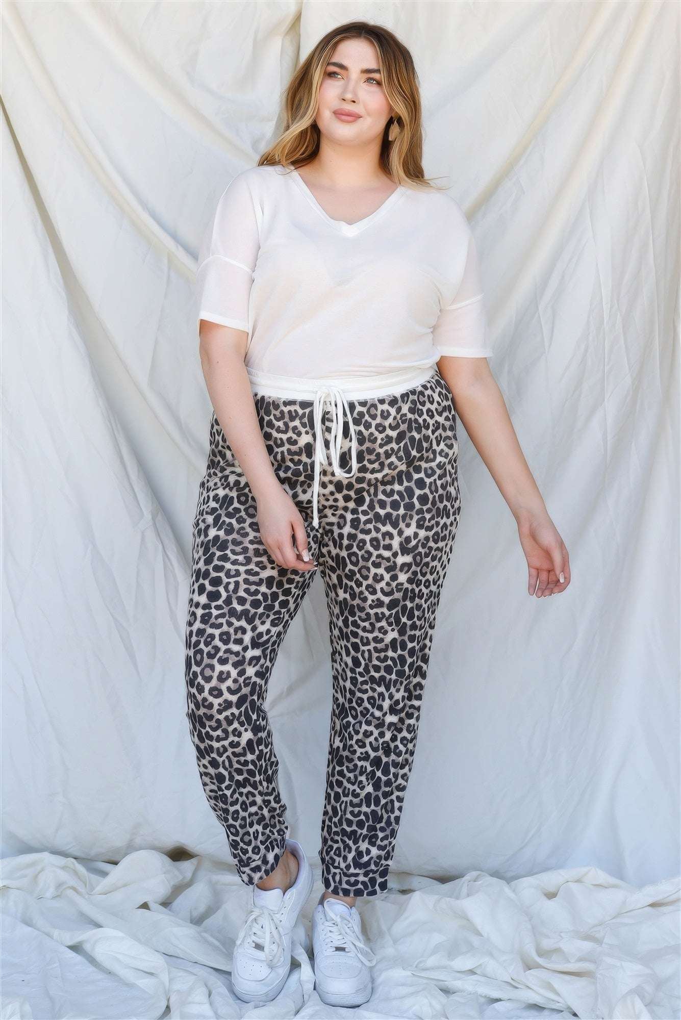 Plus Brown Leopard Print Two Pocket Joggers Pants - The Diva Goddess