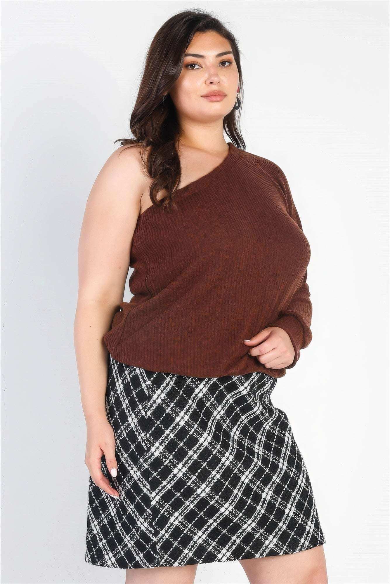 Plus Brown Ribbed Textured One Shoulder Top - The Diva Goddess