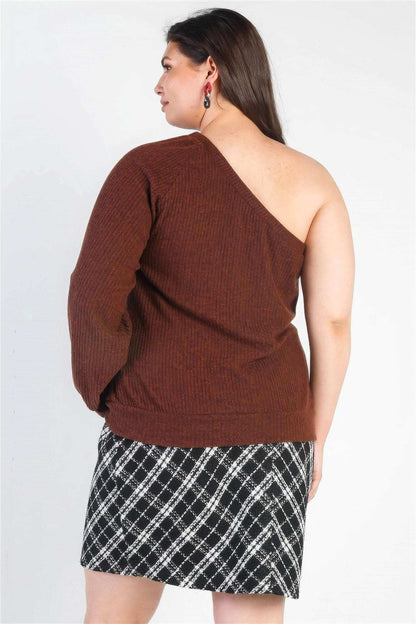 Plus Brown Ribbed Textured One Shoulder Top - The Diva Goddess