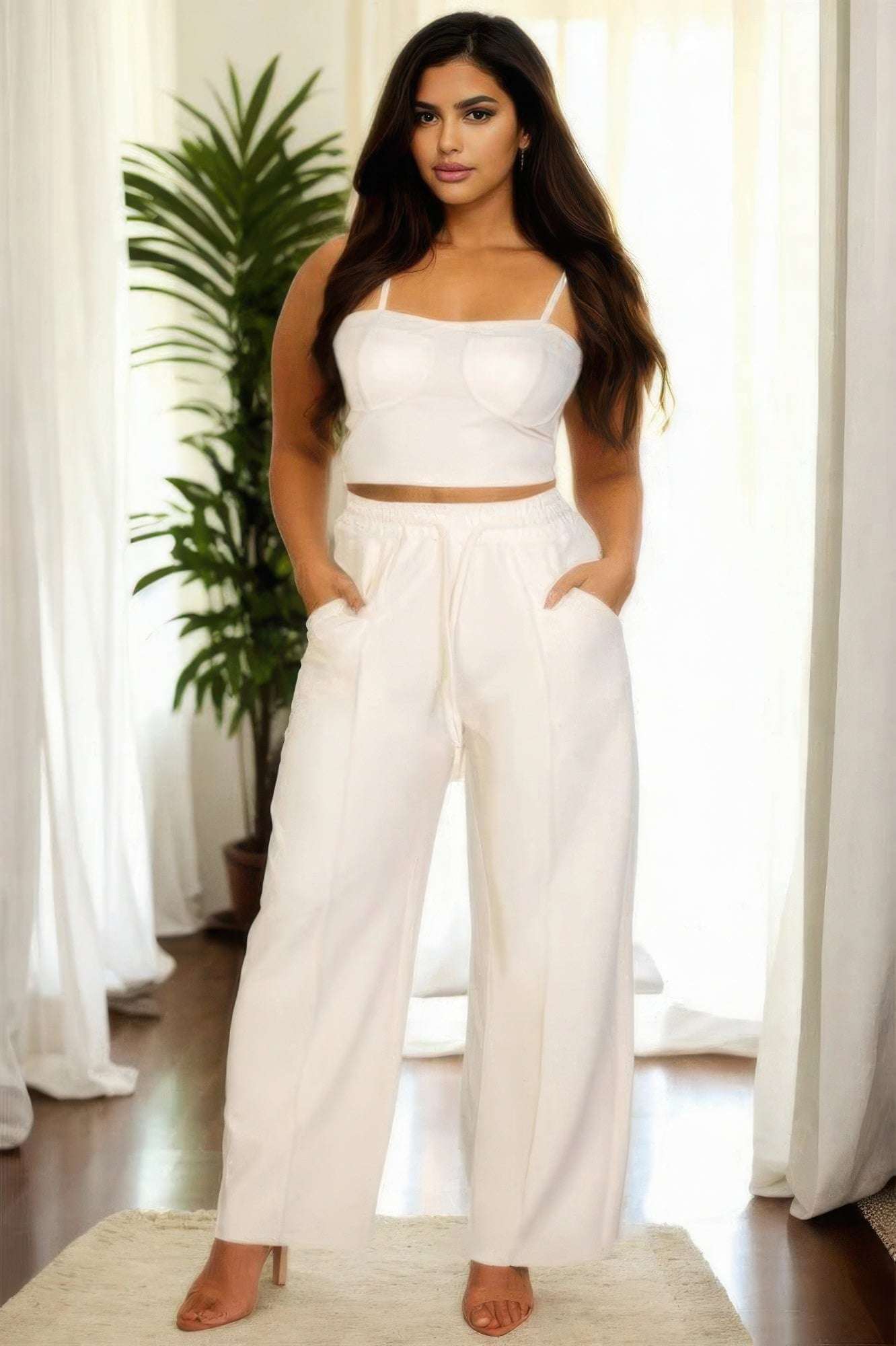 Plus Bustier Crop Cami Top & Slant Pocket Straight Pants - The Diva Goddess