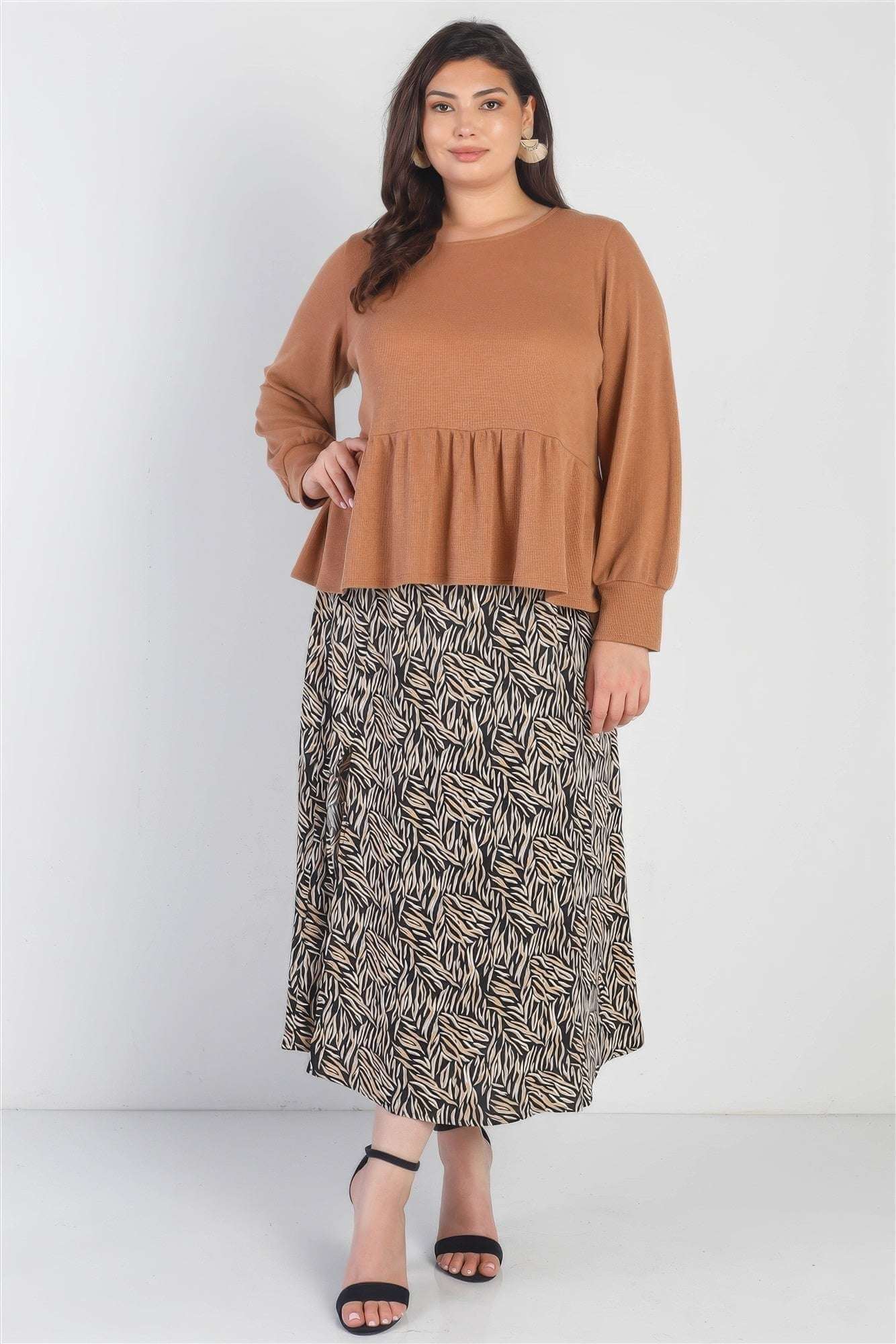 Plus Caramel Waffle Knit Back Button Detail Long Sleeve Top - The Diva Goddess