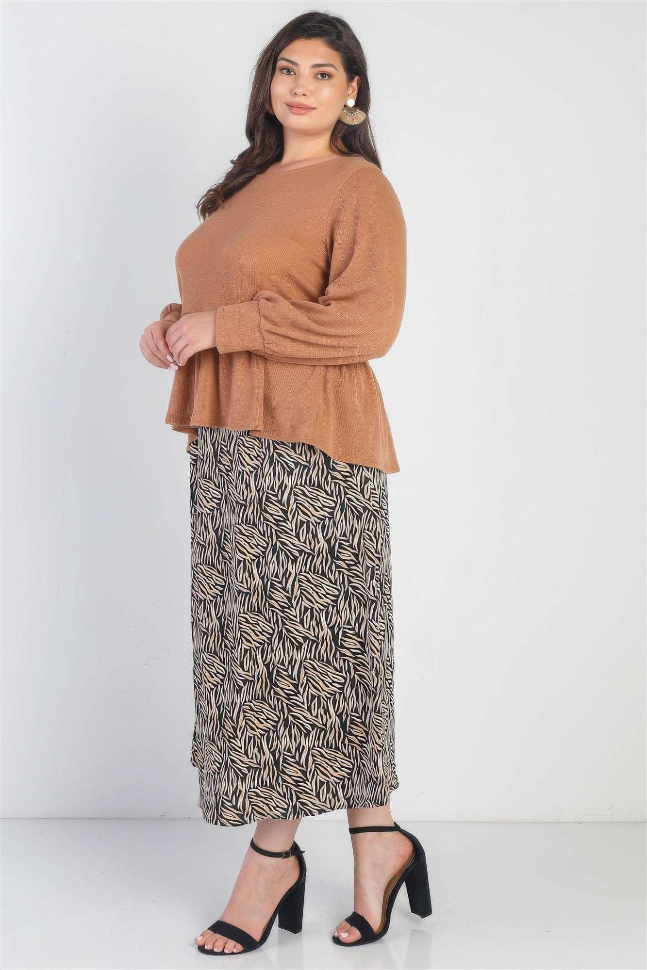 Plus Caramel Waffle Knit Back Button Detail Long Sleeve Top - The Diva Goddess