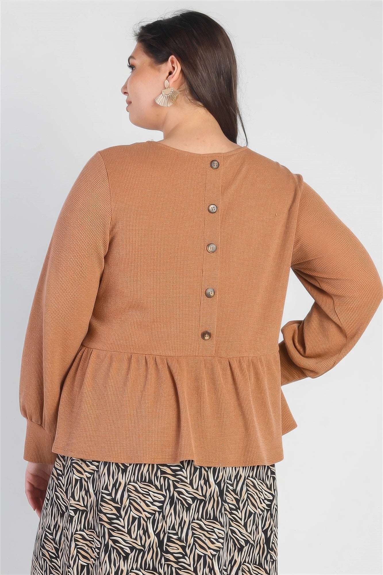 Plus Caramel Waffle Knit Back Button Detail Long Sleeve Top - The Diva Goddess