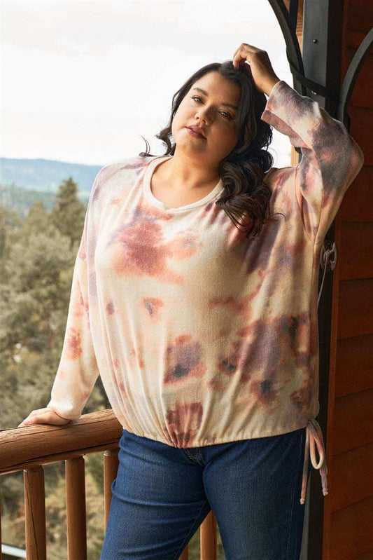 Plus Cream Rust Bleached Tie-dye Long Sleeve Drawstring Detail Relaxed Sweatshirt - The Diva Goddess