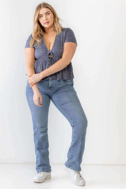 Plus Denim Blue Ribbed U-shape Neck Flare Hem Tie Top - The Diva Goddess