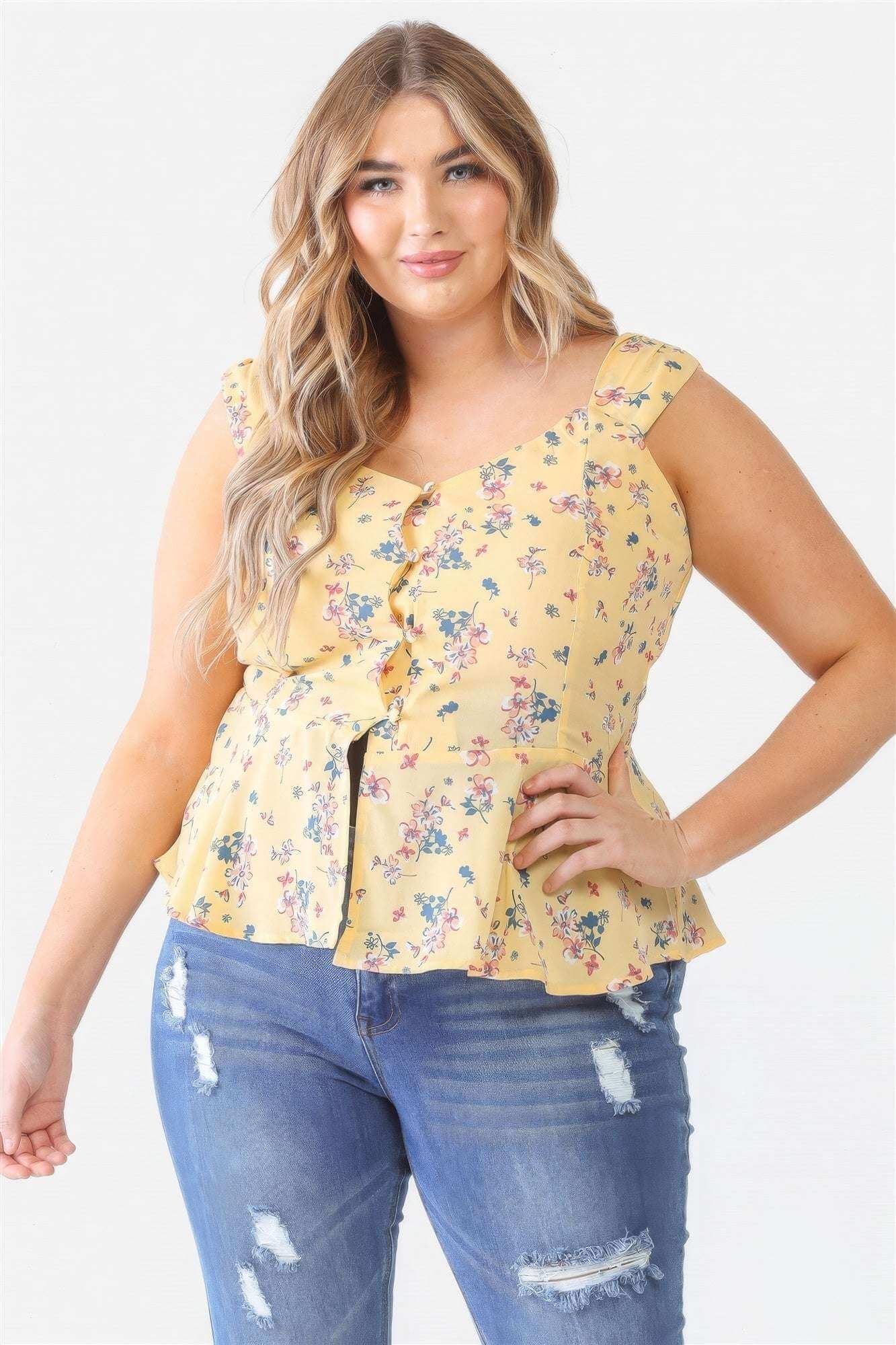 Plus Floral Button-up Sleeveless Flare Hem Top - The Diva Goddess