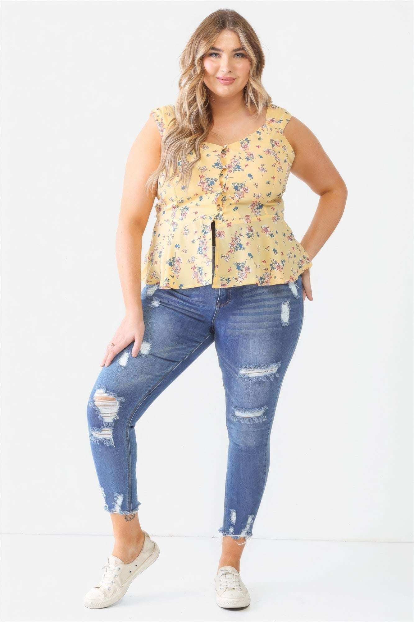 Plus Floral Button-up Sleeveless Flare Hem Top - The Diva Goddess