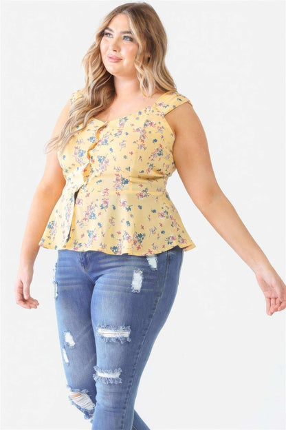 Plus Floral Button-up Sleeveless Flare Hem Top - The Diva Goddess