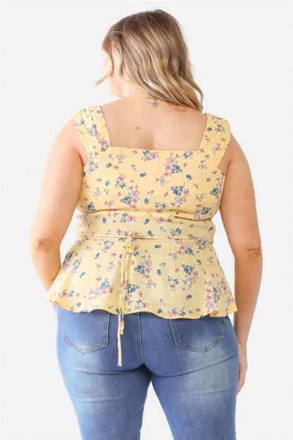 Plus Floral Button-up Sleeveless Flare Hem Top - The Diva Goddess