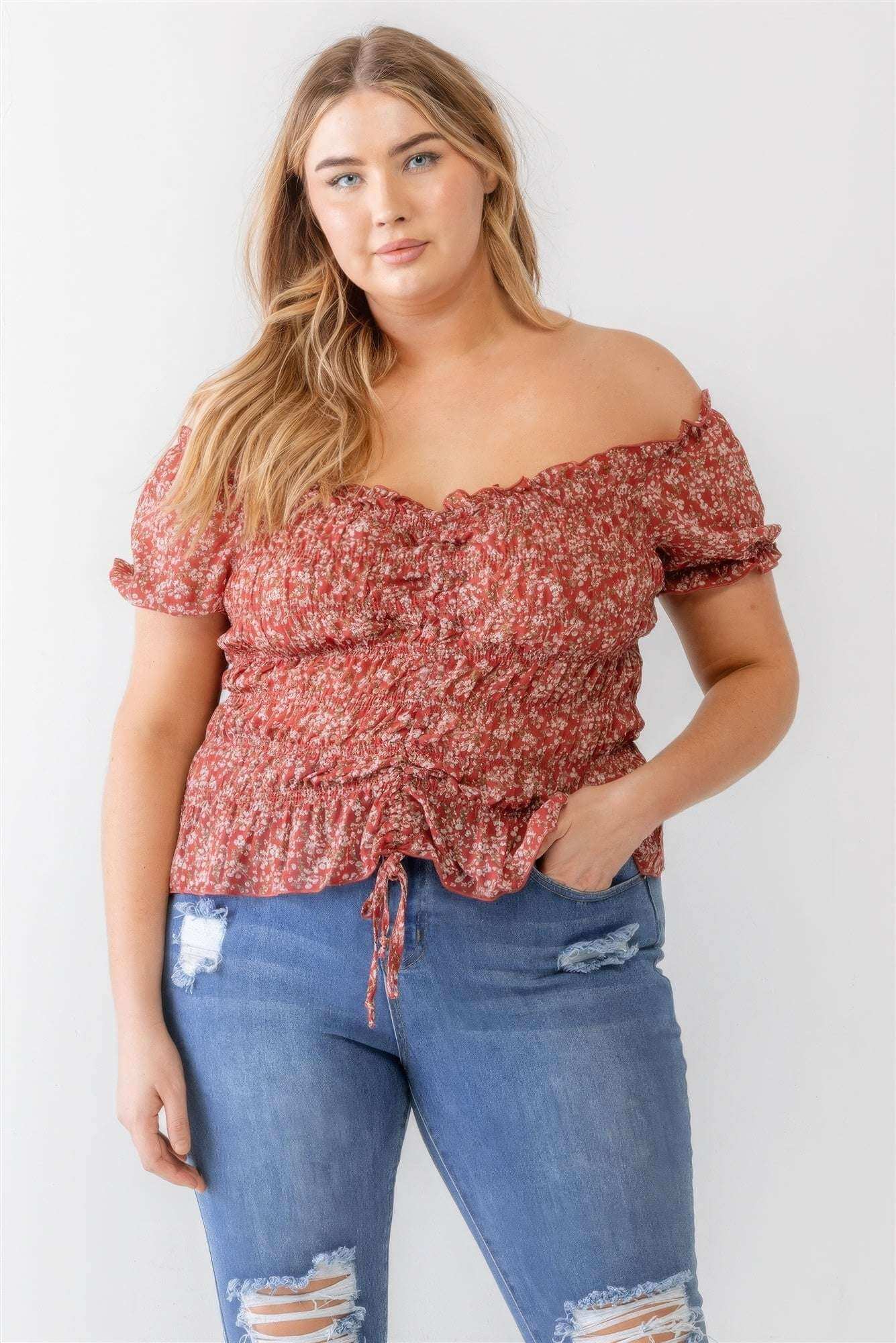 Plus Floral Chiffon Ruched Smocked Off-the-shoulder Top - The Diva Goddess