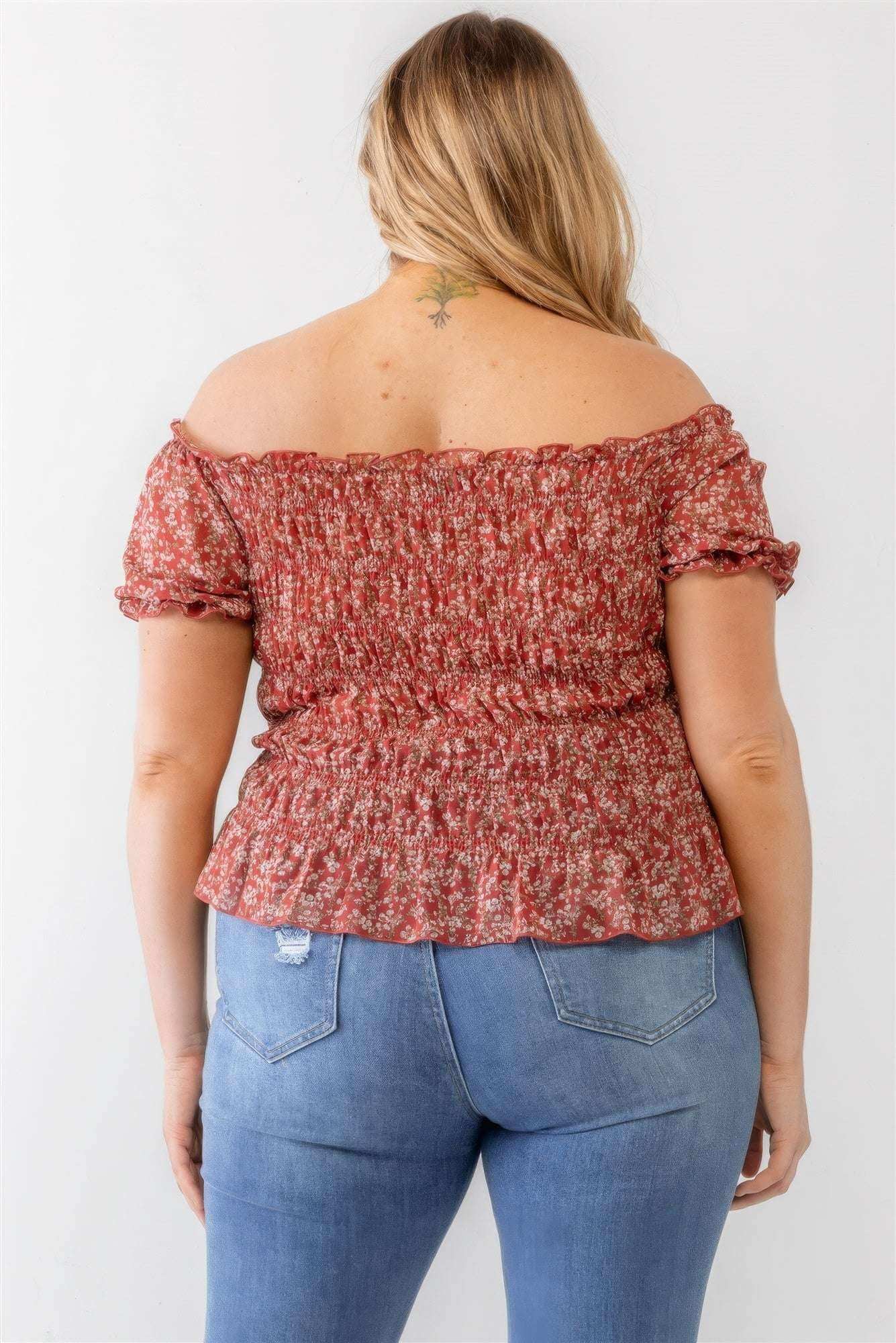 Plus Floral Chiffon Ruched Smocked Off-the-shoulder Top - The Diva Goddess