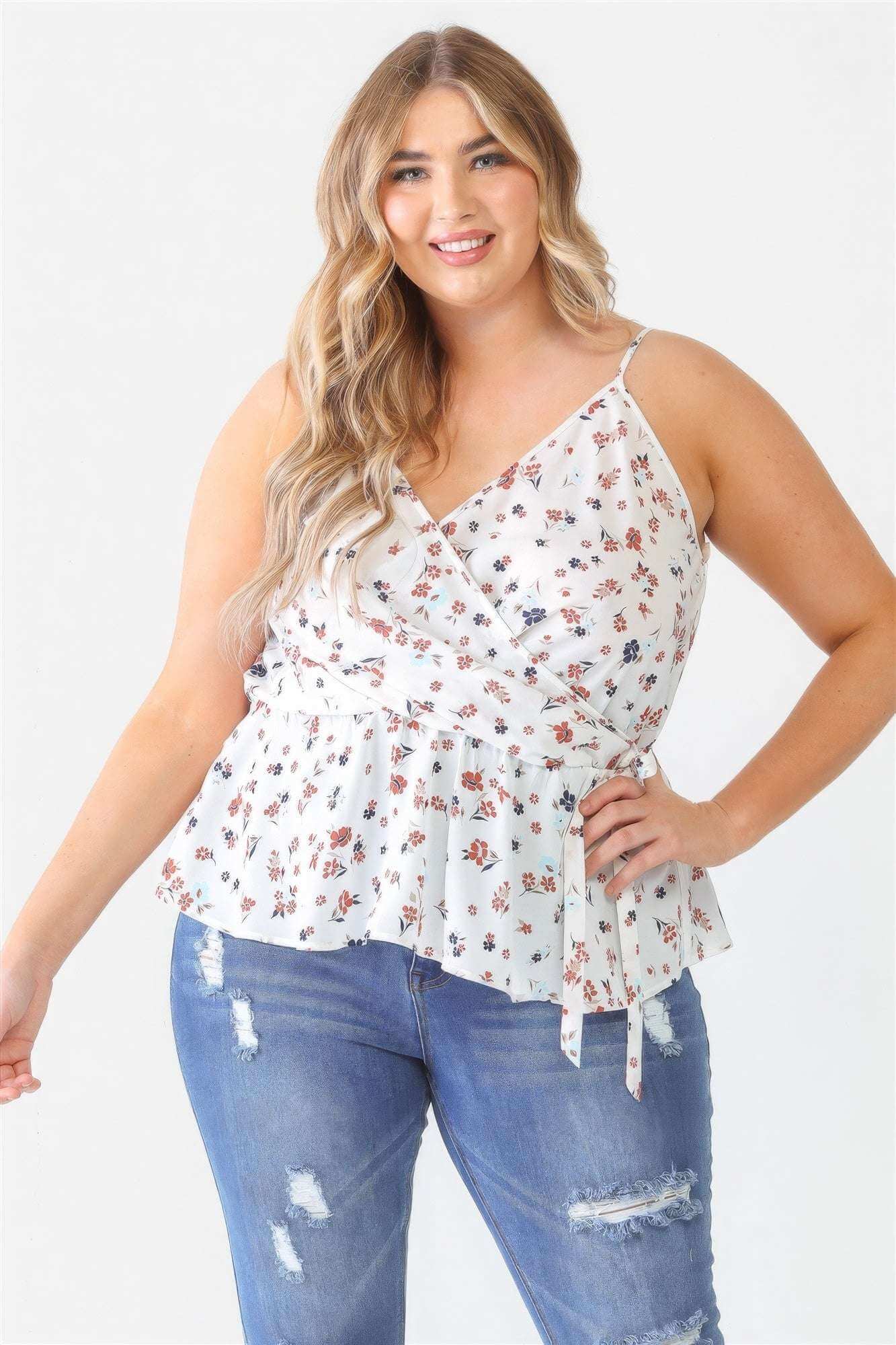 Plus Floral Sleeveless Wrap Neck Flare Hem Top - The Diva Goddess