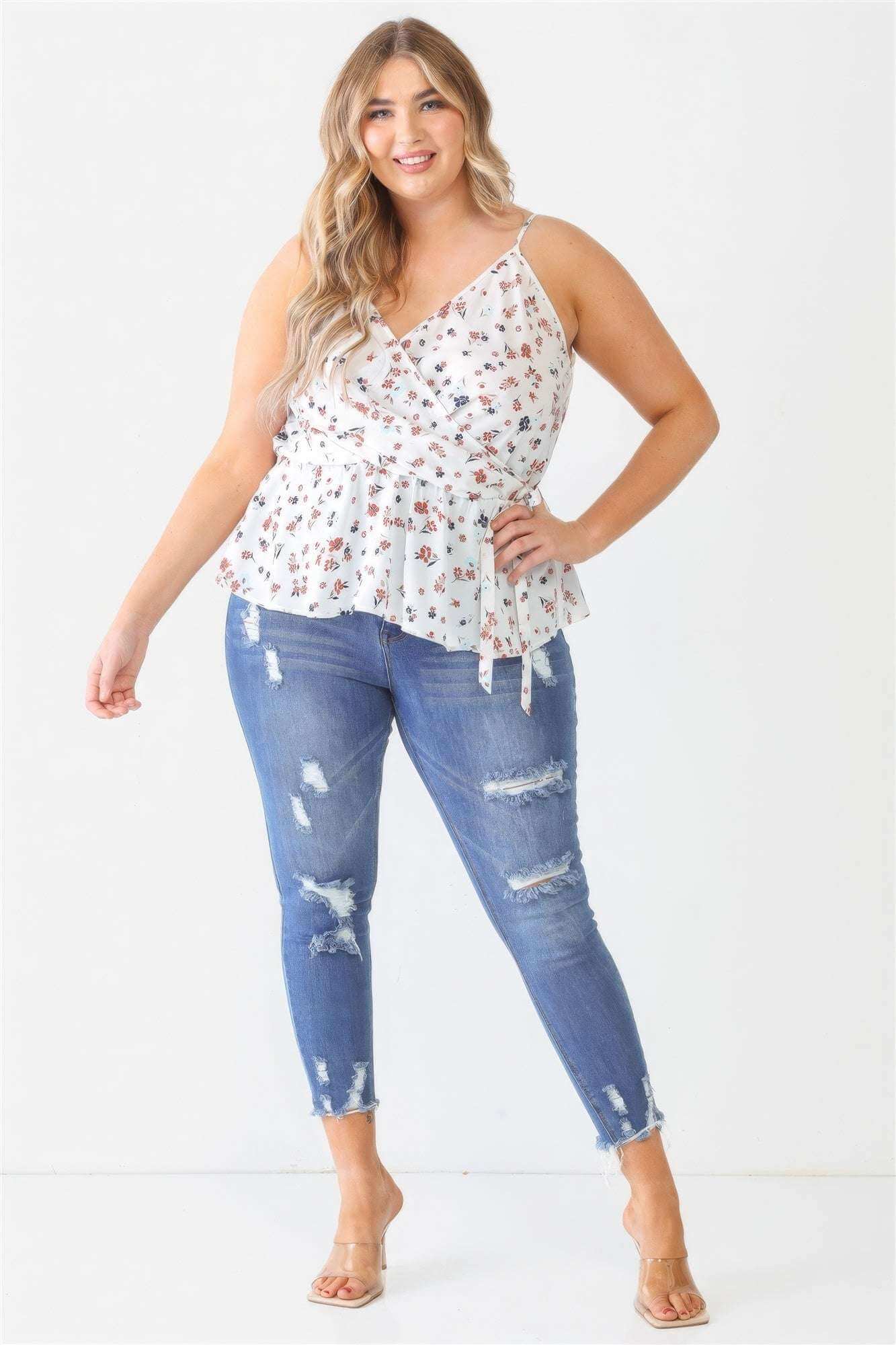 Plus Floral Sleeveless Wrap Neck Flare Hem Top - The Diva Goddess