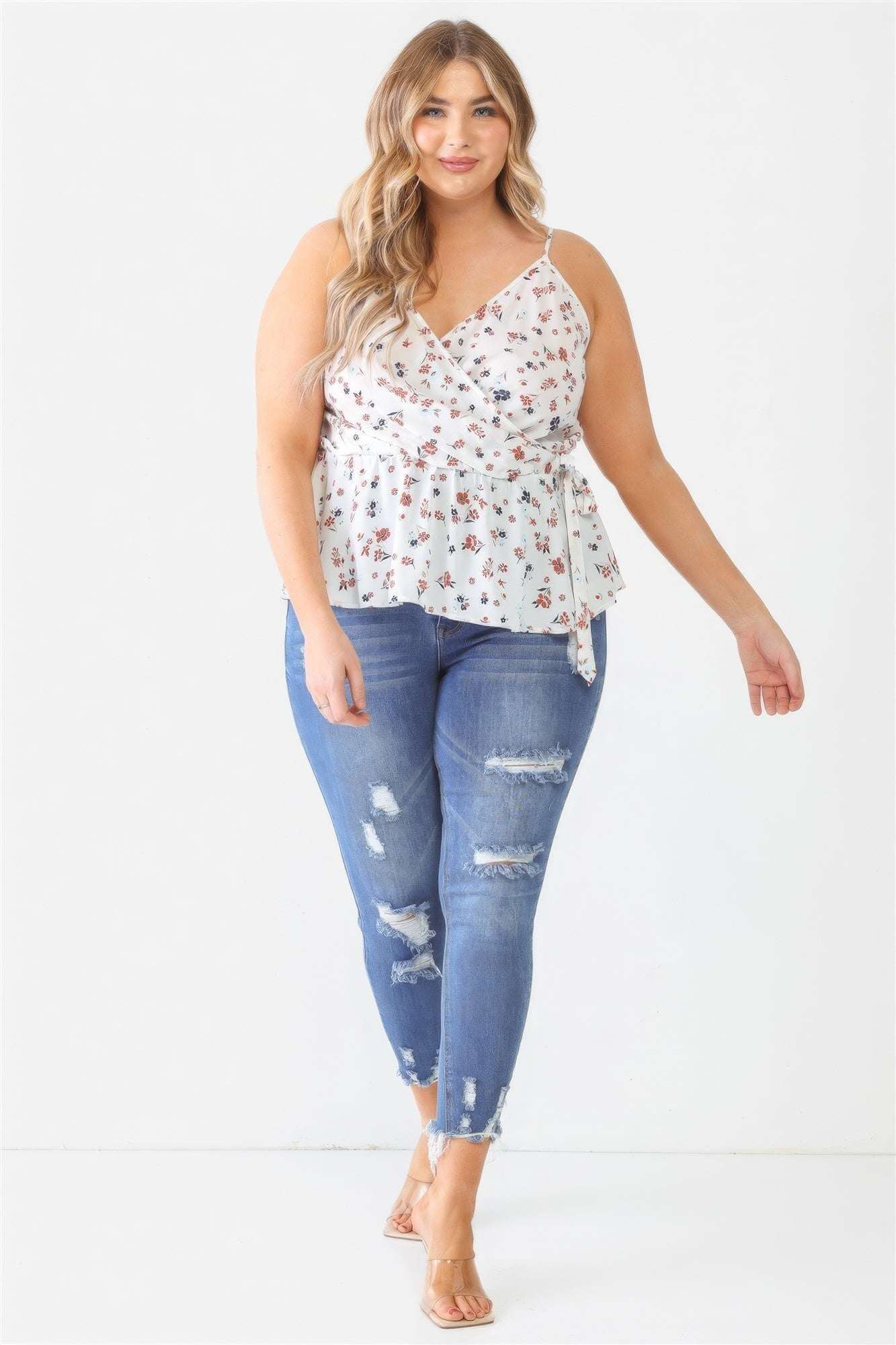 Plus Floral Sleeveless Wrap Neck Flare Hem Top - The Diva Goddess