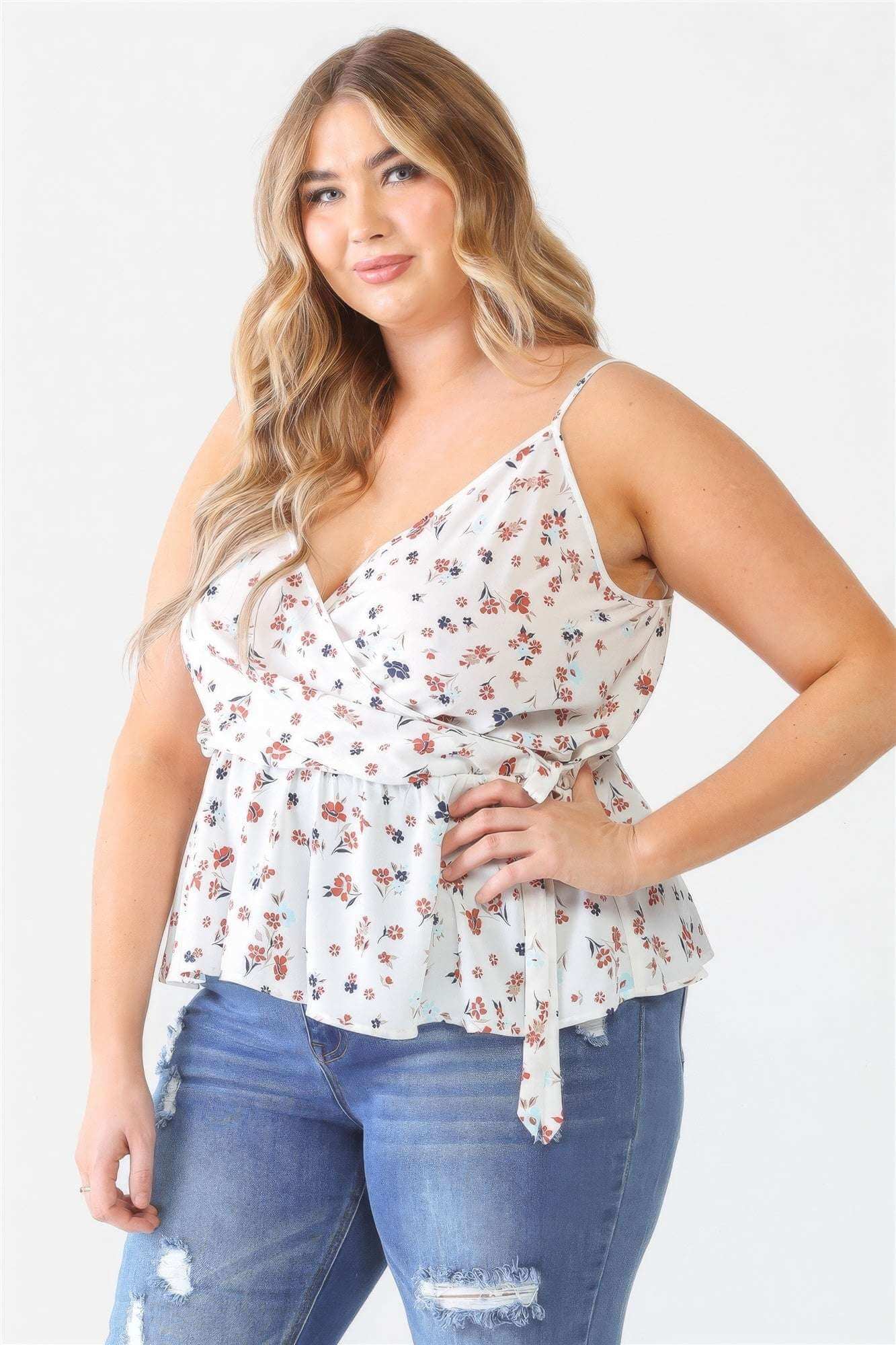 Plus Floral Sleeveless Wrap Neck Flare Hem Top - The Diva Goddess