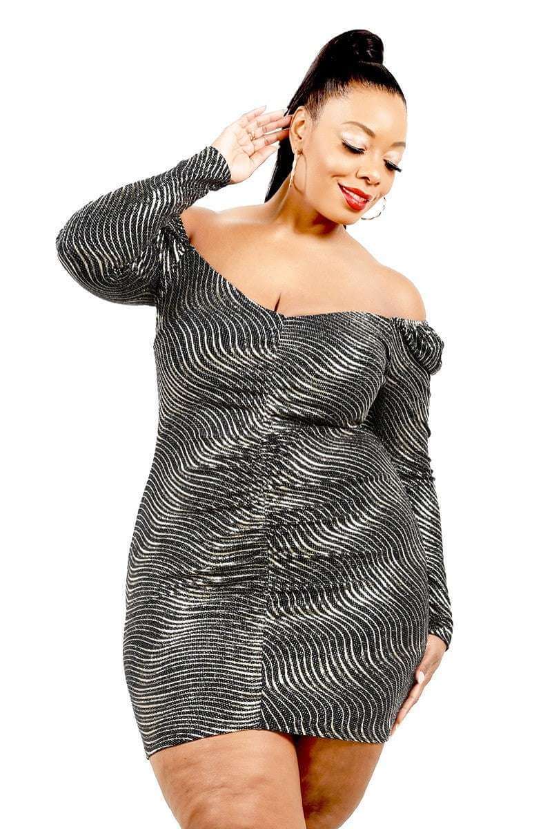 Plus Foil & Glitter Wavy Print Mini Dress - The Diva Goddess