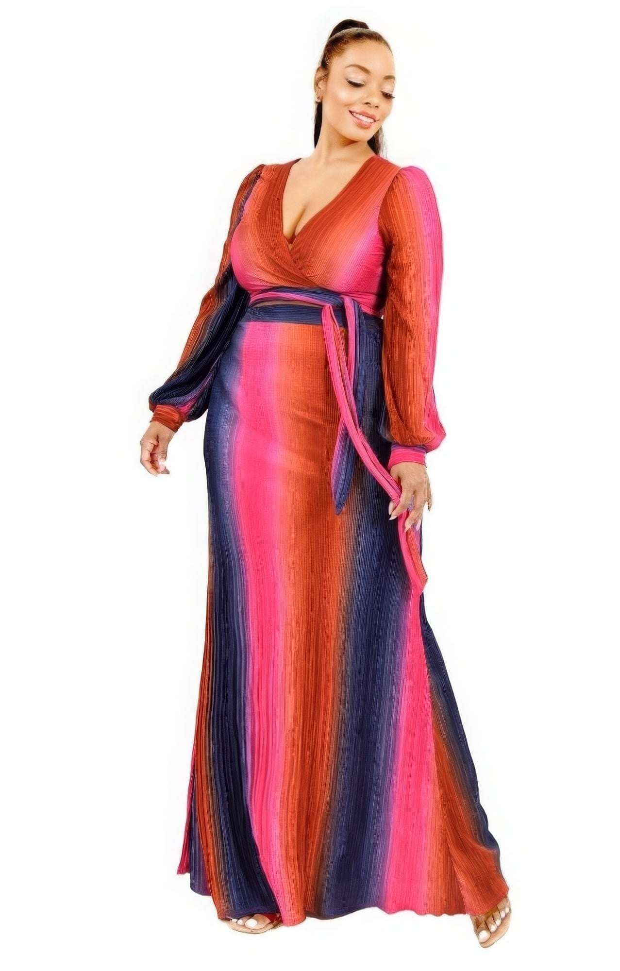 Plus Gradient Stripe 2 Piece Maxi Skirt Set - The Diva Goddess