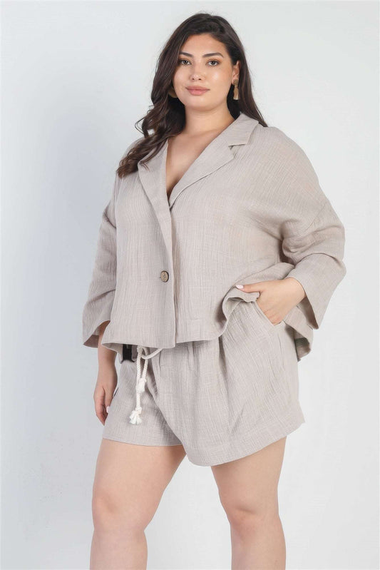 Plus Grey Button-up Collared Neck Blazer High Waist Shorts Set - The Diva Goddess