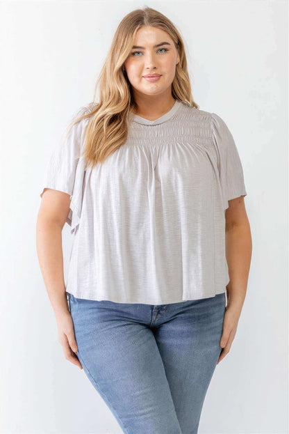 Plus Grey Cotton Blend Smoked Short Sleeve Top - The Diva Goddess