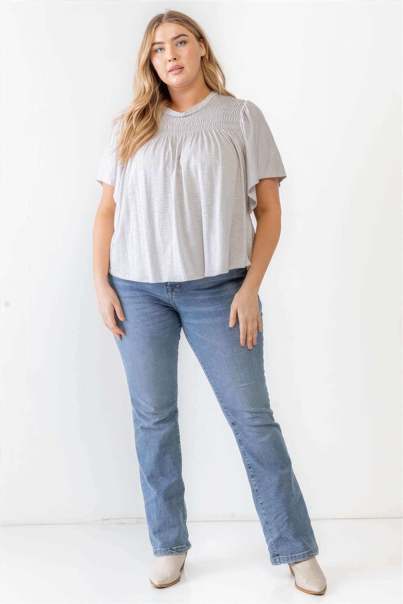 Plus Grey Cotton Blend Smoked Short Sleeve Top - The Diva Goddess