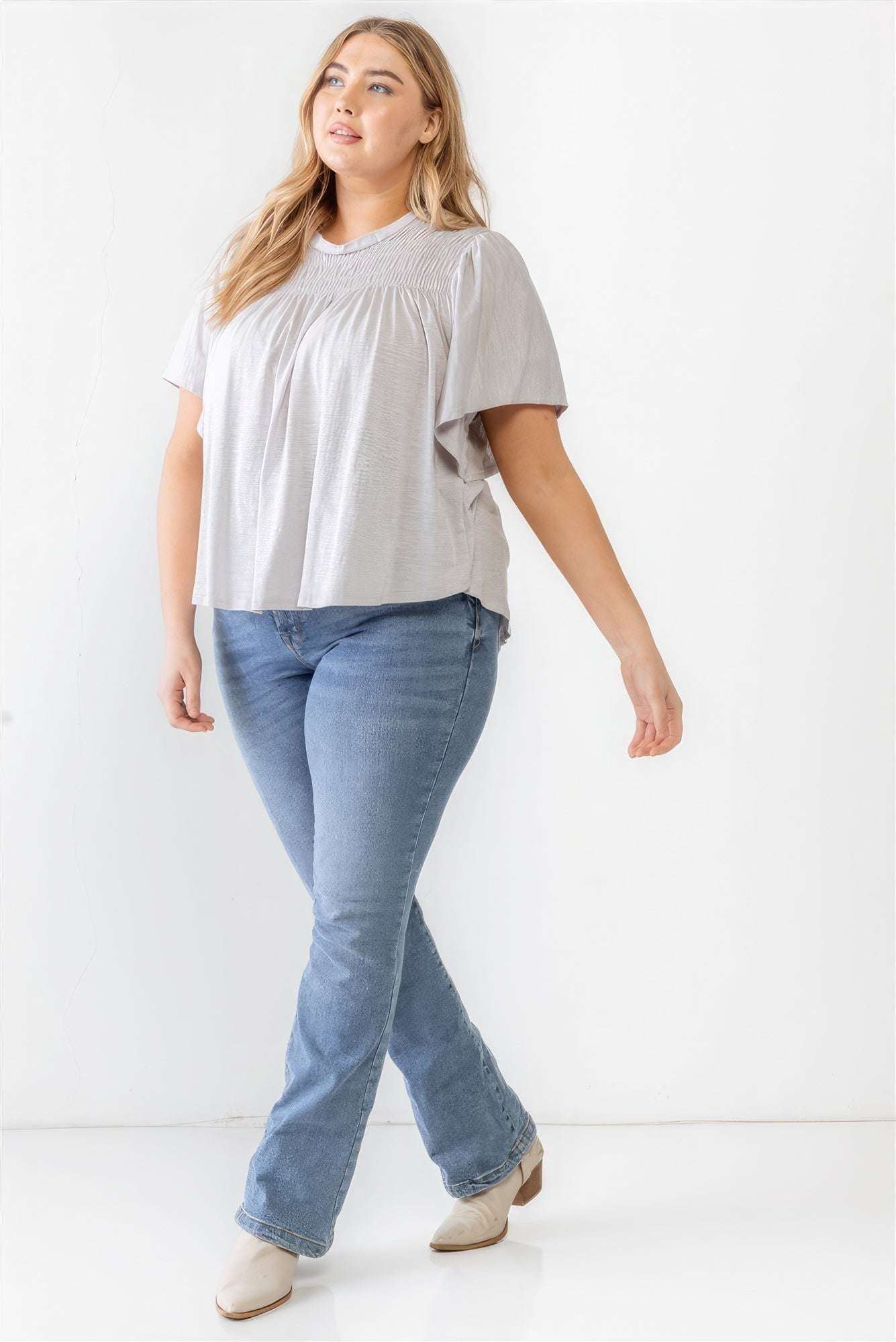 Plus Grey Cotton Blend Smoked Short Sleeve Top - The Diva Goddess