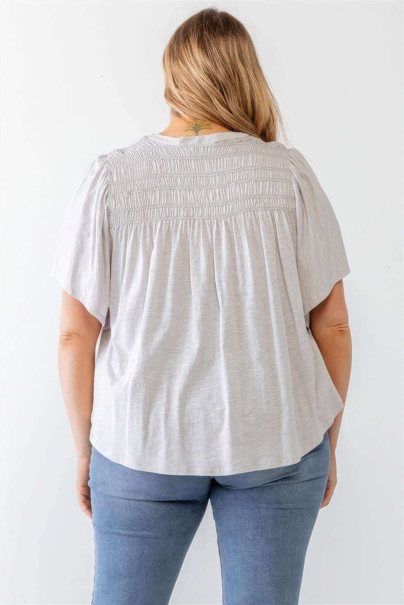 Plus Grey Cotton Blend Smoked Short Sleeve Top - The Diva Goddess