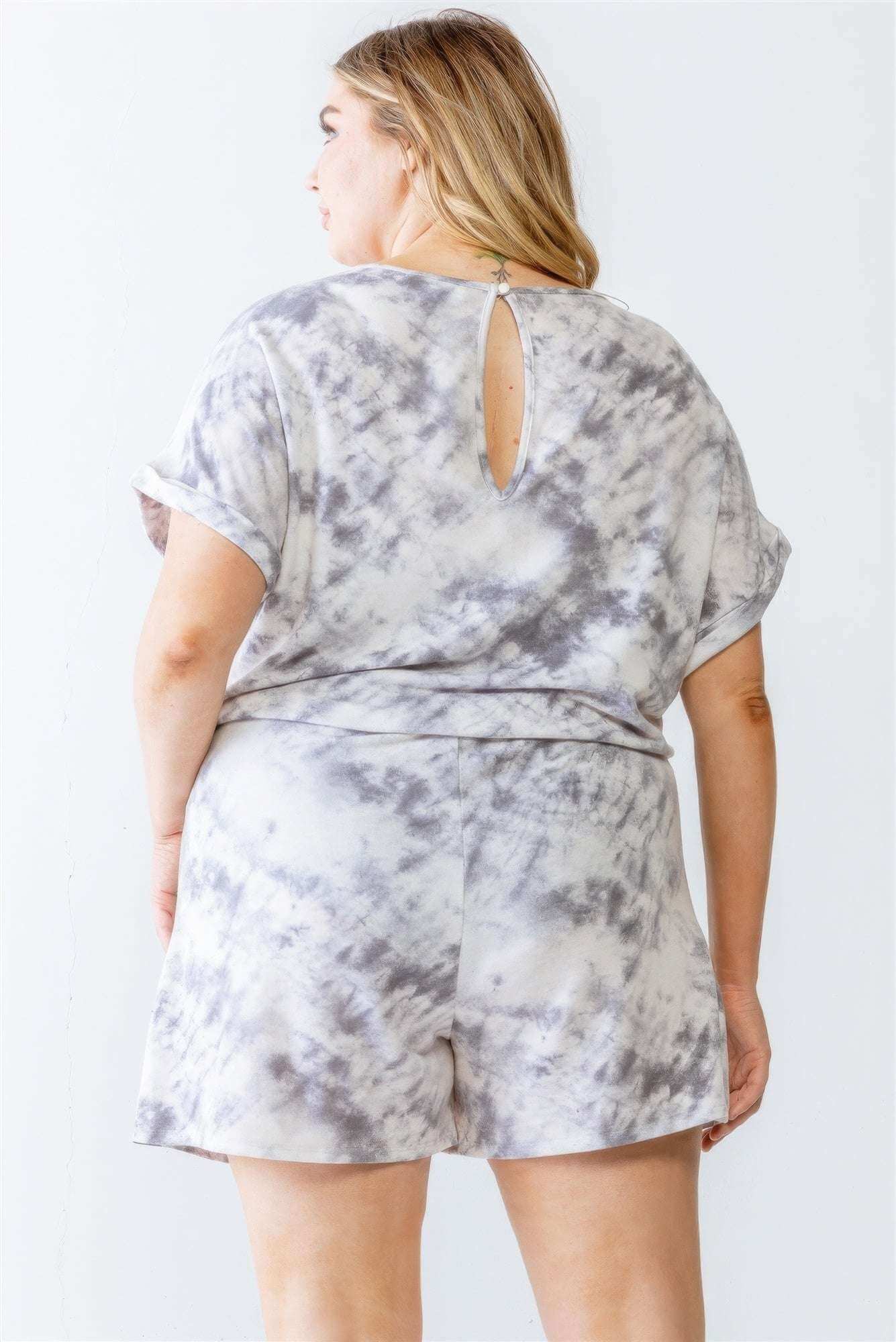 Plus Ivory & Grey Tie-dye Print Two Pocket Romper - The Diva Goddess