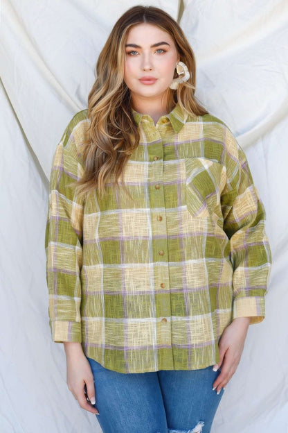 Plus Lime Cotton & Linen Blend Textured Plaid Shirt Top - The Diva Goddess