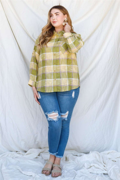 Plus Lime Cotton & Linen Blend Textured Plaid Shirt Top - The Diva Goddess